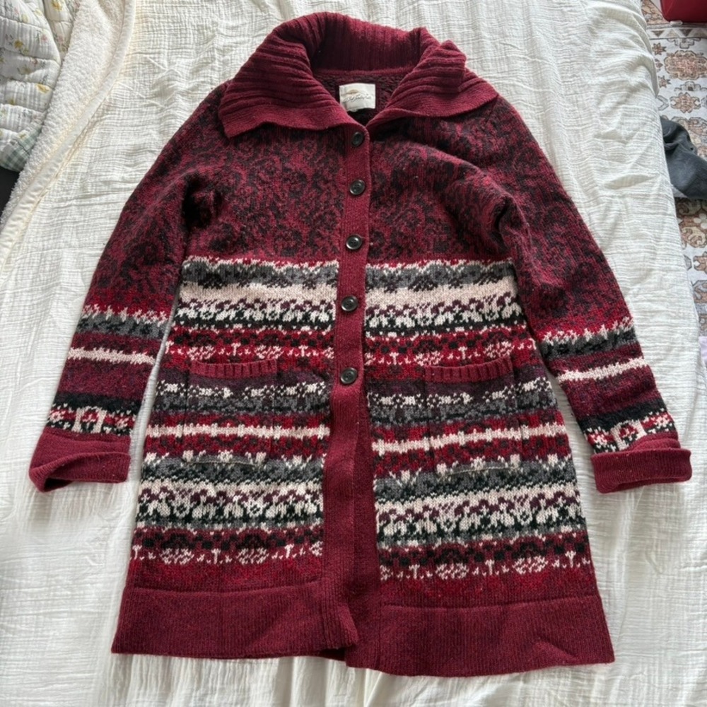 Bob Timberlake Cardigan Fair Isle Lambswool Burgundy Longline Winter Sweater L